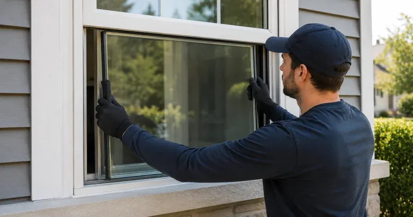 technician boarding up broken window during emergency glass repair Fairview, St. Catharines