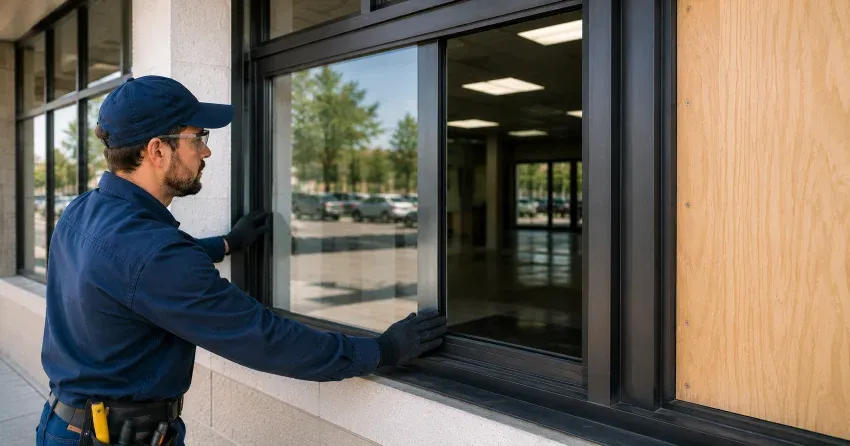 technician boarding a broken window after a break-in in Grantham, St. Catharines