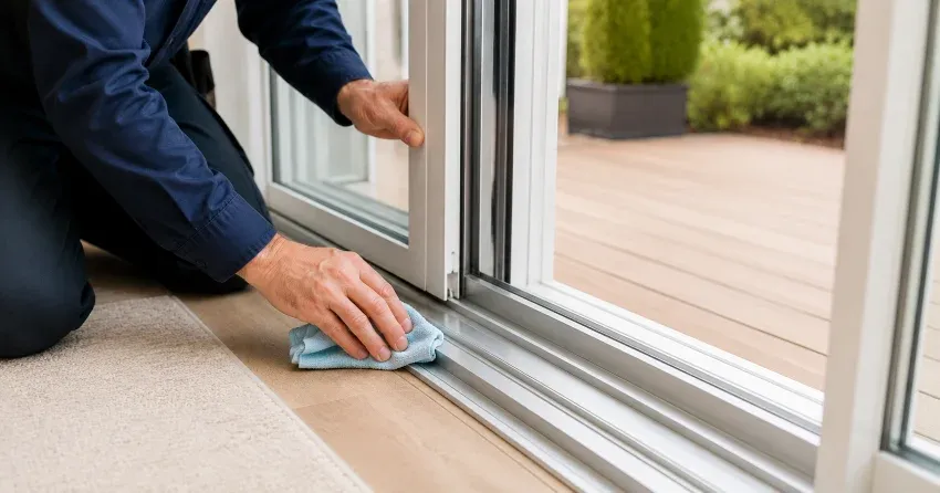 technician inspecting a sliding patio door track in Yates, St. Catharines