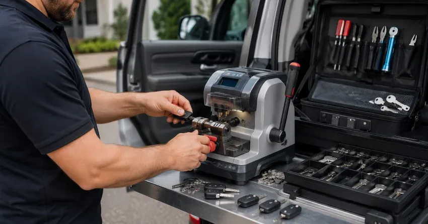 technician cutting a replacement car door lock key in Fairview, St. Catharines