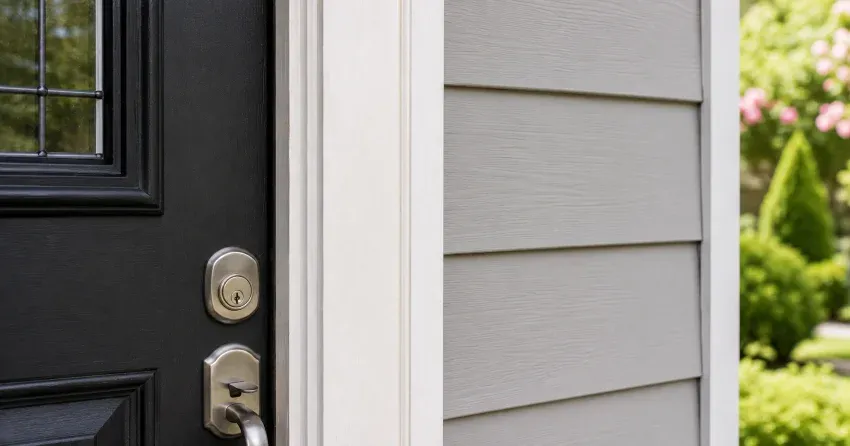 technician inspecting door jamb behind cracked casing in Grantham, St. Catharines home