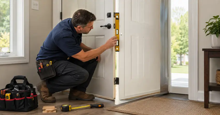 technician diagnosing a misaligned door frame in Grapeview, St. Catharines