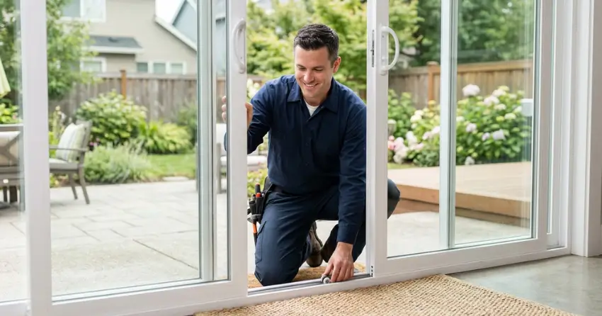 technician diagnosing a sticking patio door in Facer, St. Catharines