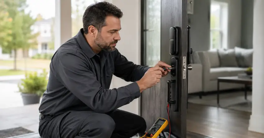 technician diagnosing automatic door lock mechanism on residential door in Power Glen, St. Catharines