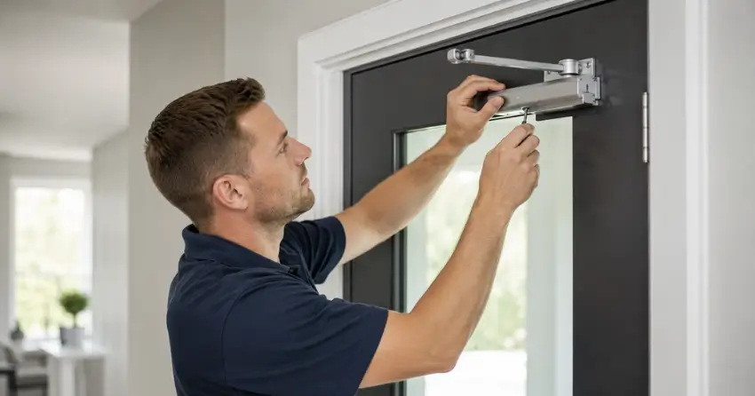 technician adjusting door closer hydraulic valve in Power Glen, St. Catharines home