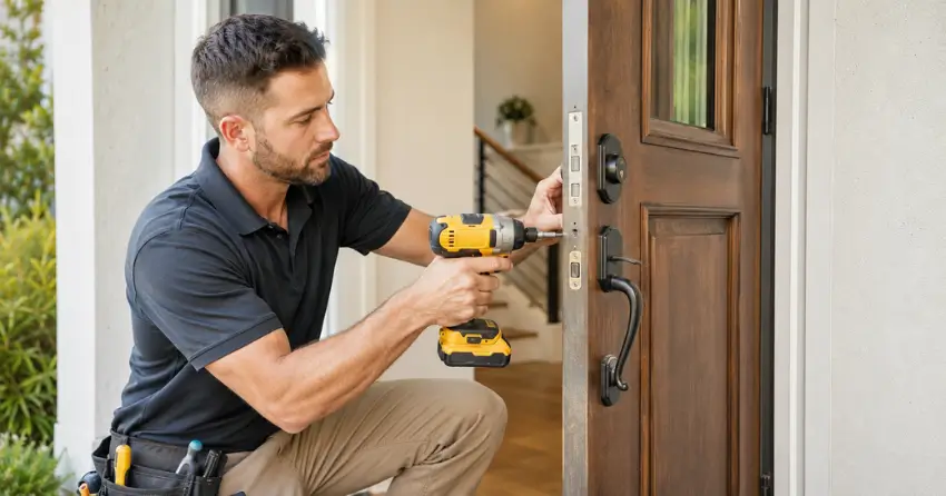 locksmith installing new deadbolt lock on front door in Grapeview, St. Catharines