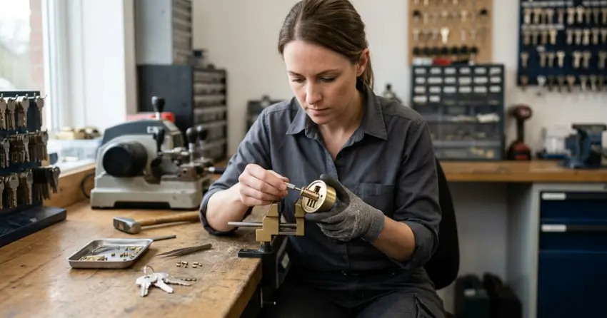 locksmith technician rekeying a deadbolt in Grapeview, St. Catharines