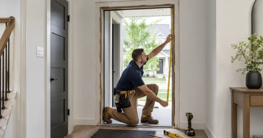 technician measuring a door frame before new door installation in Power Glen, St. Catharines