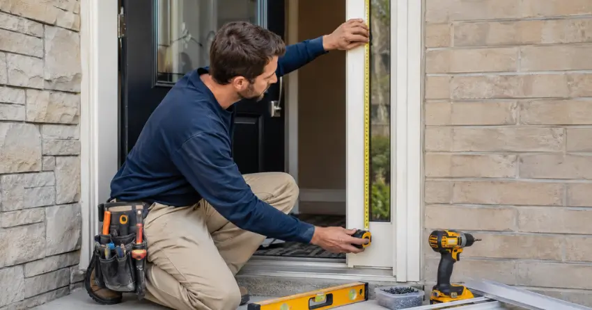 technician measuring door frame before storm door install in Riverview, St. Catharines
