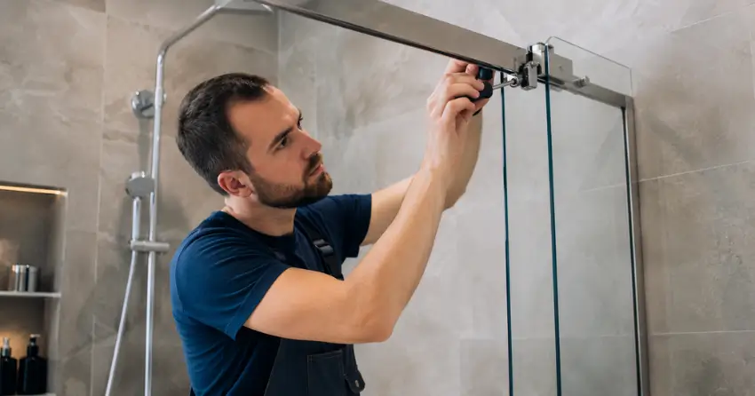 technician adjusting shower door hinge and track in Vansickle, St. Catharines