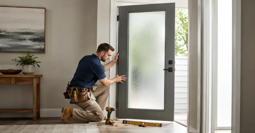 glass panel door installation with frosted privacy glass in residential setting in Haig, St. Catharines