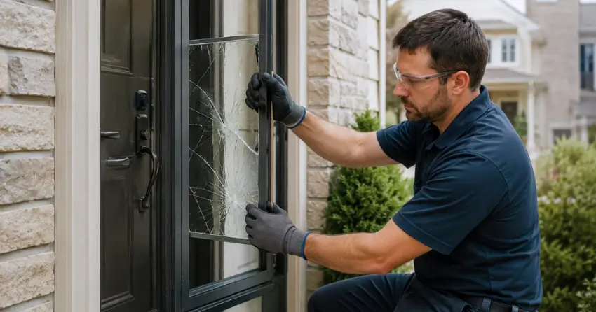 technician removing cracked storm door glass panel in Queenston, St. Catharines