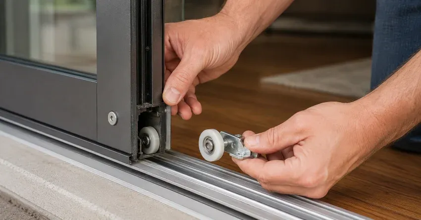 sliding door alignment Grapeview, St. Catharines technician adjusting roller track