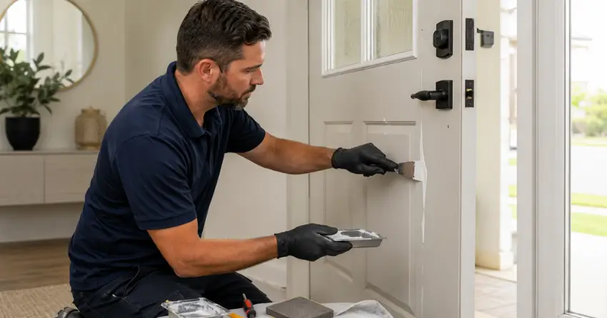 technician repairing fiberglass door surface crack in Power Glen, St. Catharines
