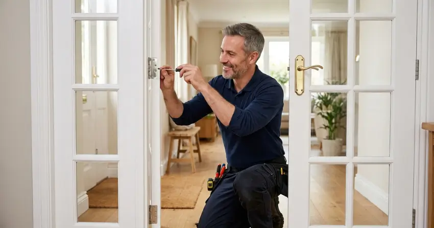 technician adjusting French door hinge for proper alignment in Grapeview, St. Catharines