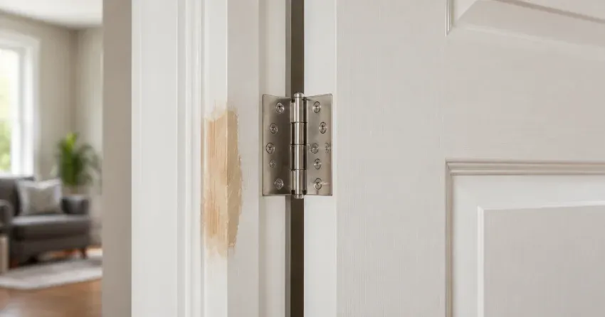technician checking a warped door against a straightedge in Fitzgerald, St. Catharines