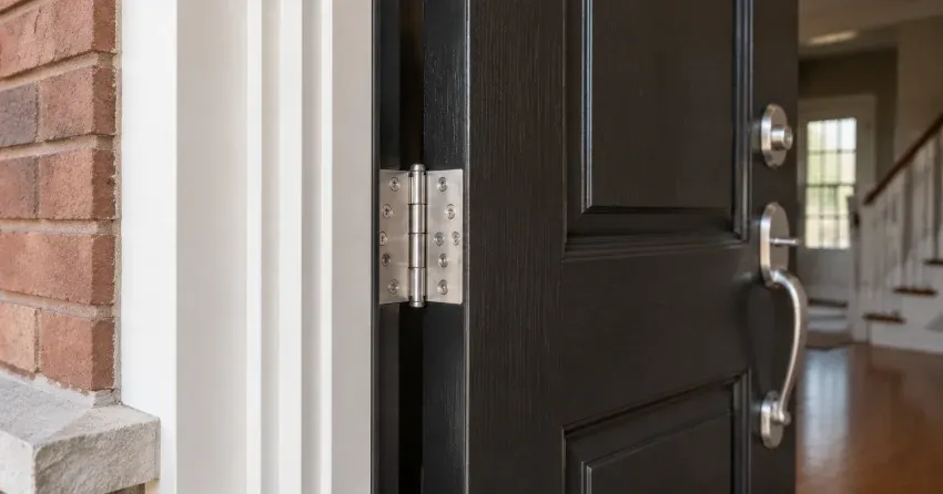 technician repairing a front door lock and frame in Power Glen, St. Catharines