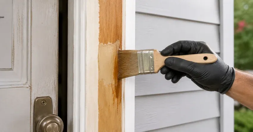 technician probing rotted wood on a door frame in Merritton, St. Catharines