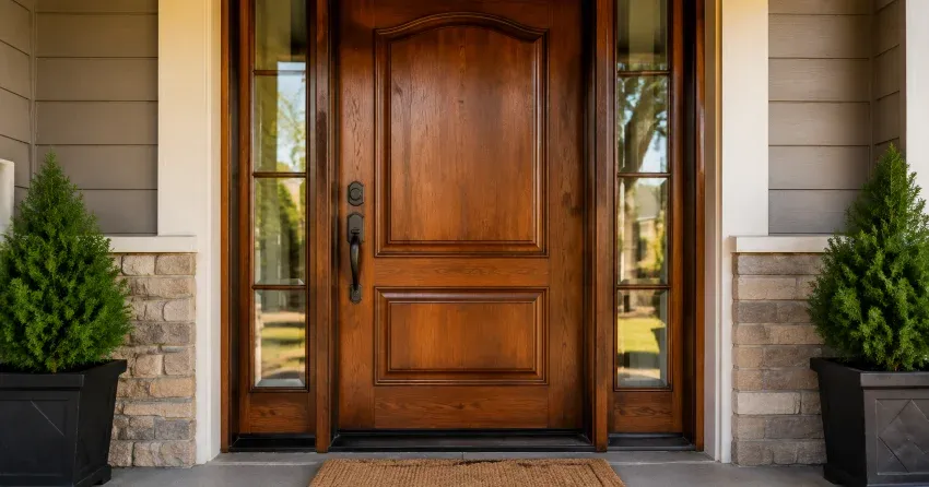 wood door mid-restoration showing stripped bare wood in Vansickle, St. Catharines