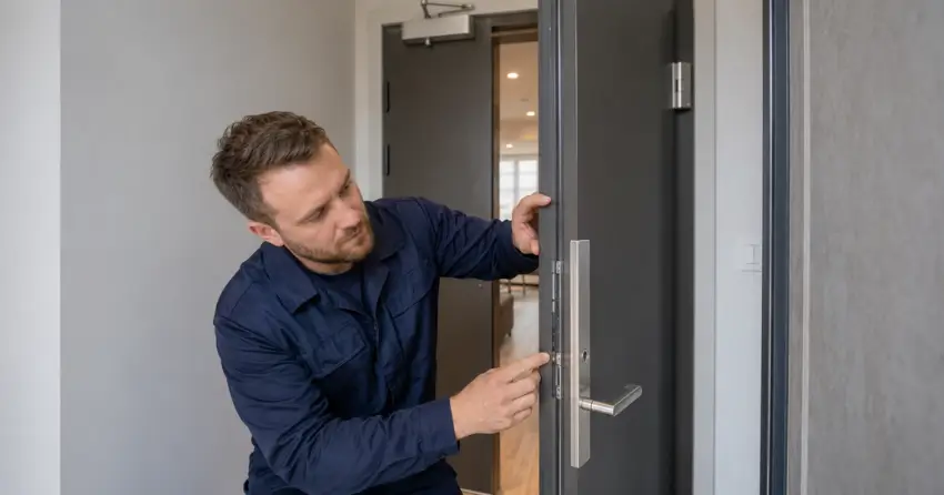 technician inspecting fire-rated door seal and hardware in Grantham, St. Catharines