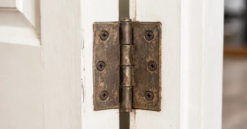 technician adjusting a sagging door hinge in St. Patrick’s, St. Catharines