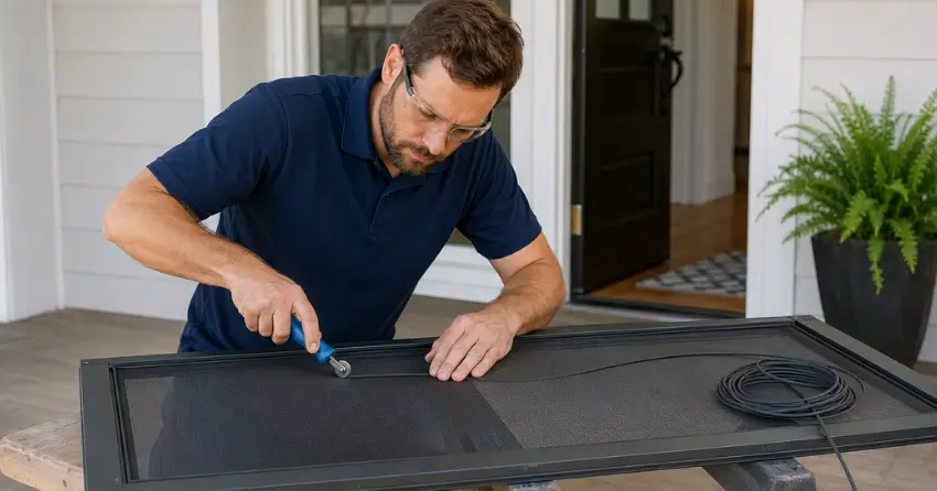 technician replacing screen door mesh and spline in Grantham, St. Catharines
