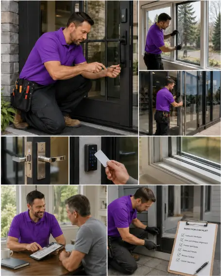 A technician fitting new locking hardware to an entry door